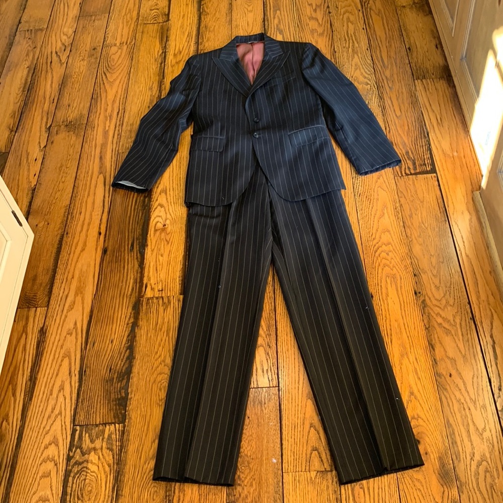 TOMBOLINI MENS WOOL TWO BUTTON SUIT WITH THIN STRIPING AND DOUBLE BACK VENT